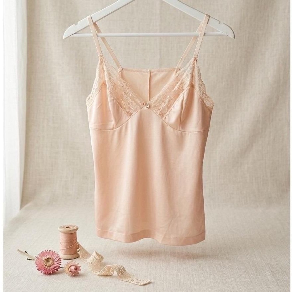 Vintage Lace Trim Camisole Peach Pink V-Neck Rosette Spaghetti Strap Top S M